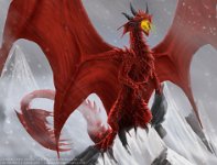 Commission - Vvlkn - detail  Media: Digital painting (Photoshop) Commission for  Vvlkn  over on Deviantart of his namesake character.  Zoomed in for detail. : red, dragon, mountain, blizzard, huge, wings, vvlkn, photoshop, digital, storm, mountaintop, snow, commission, full body