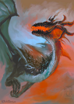 Horn-Crowned Dragon   Burning Skies     You'll see the initial piece for this over in the 'Paintings' section. Frustrated by the lack of space on my canvas I took a photo of the original then reworked the whole thing on the iPad (I'm enjoying the flexibility of this bit of kit!).&nbsp;